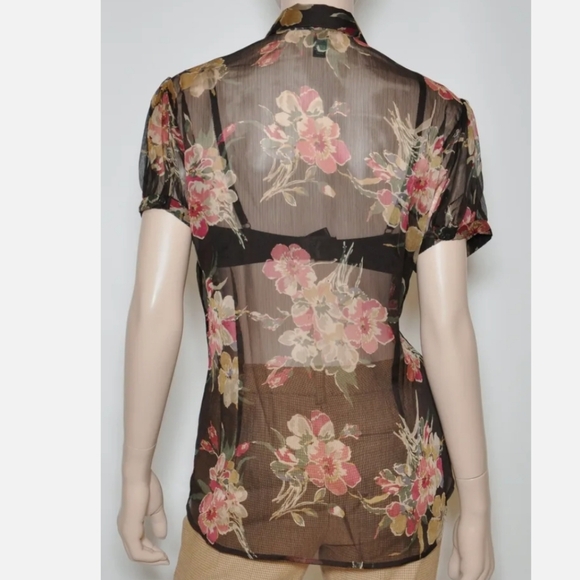 Ralph Lauren Sheer Ruffle Blouse Brown Floral Size Medium - Picture 8 of 9